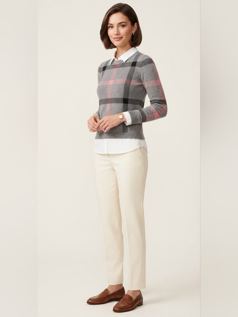NEW!Tahari Women's Twofer Layered Collar Sweater Knit Plaid Pullover! Size XS